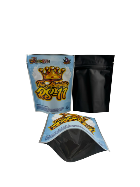 The Almighty RS-11 retro 3.5g mylar bag by The Commission — front and back lineup with blue sky crown-and-wings design