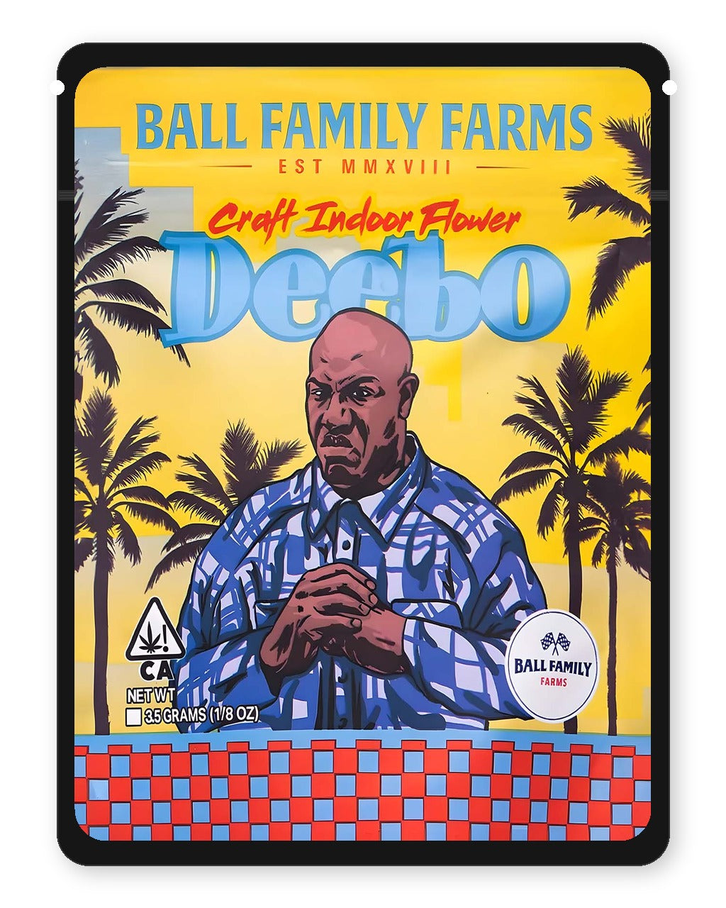 Deebo 3.5g Mylar Sticker Bags Ball Family Farms - Front Design
