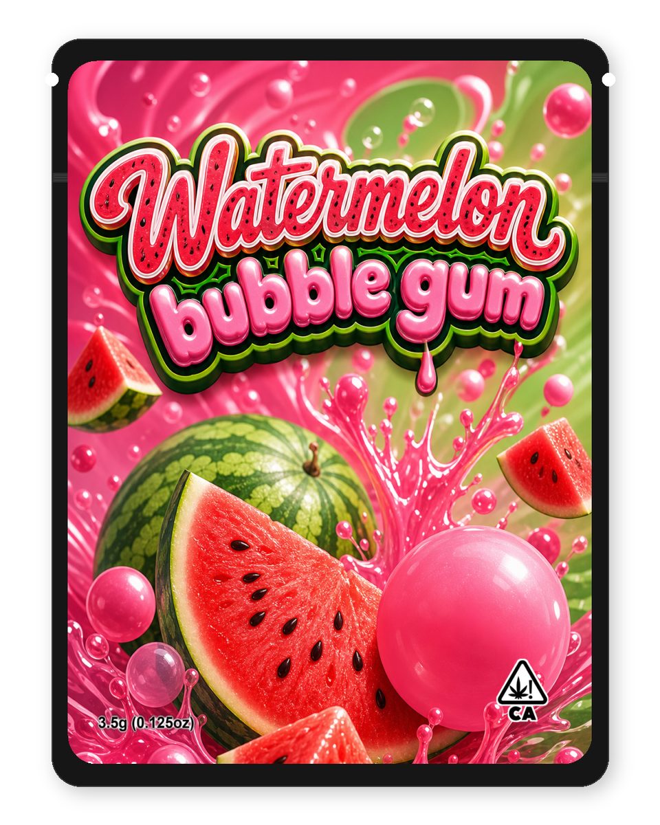 Watermelon bubble gum custom 4"x5" mylar bag design (front)