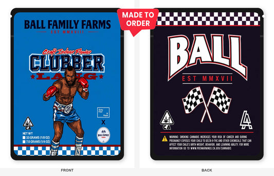 Clubber Lang 3.5g Mylar Bags Ball Family Farms - Front and Back View