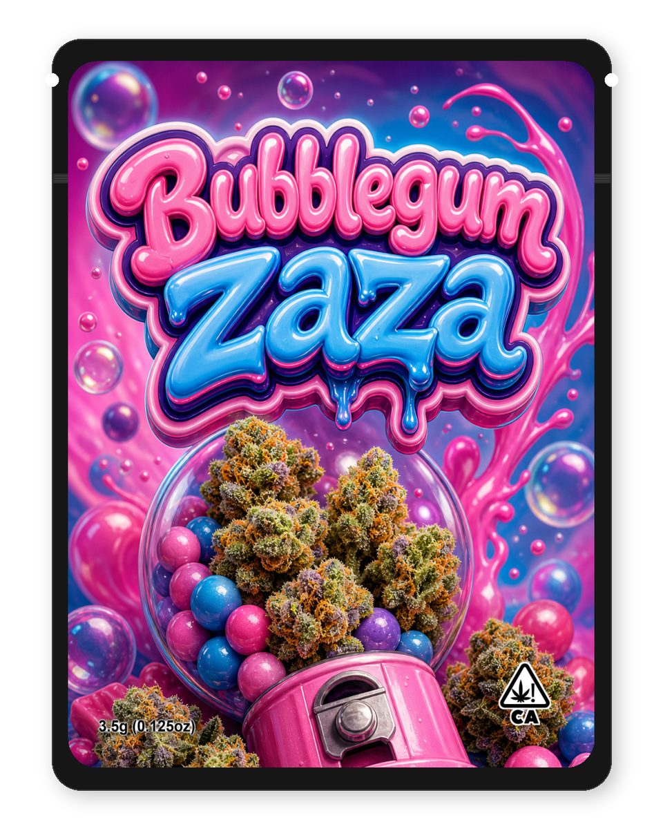 Bubblegum zaza custom 4"x5" mylar bag design (front)
