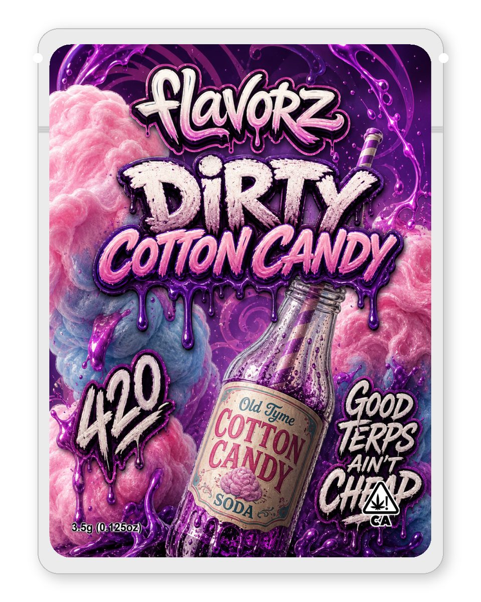 Dirty cotton candy custom 4"x5" mylar bag design (front)