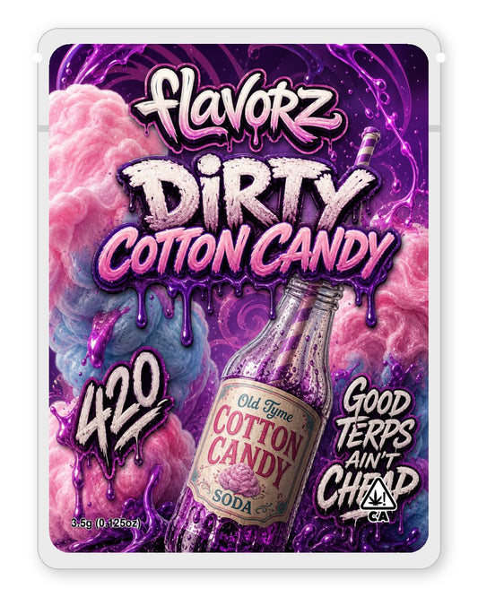 Dirty cotton candy custom 4"x5" mylar bag design (front)