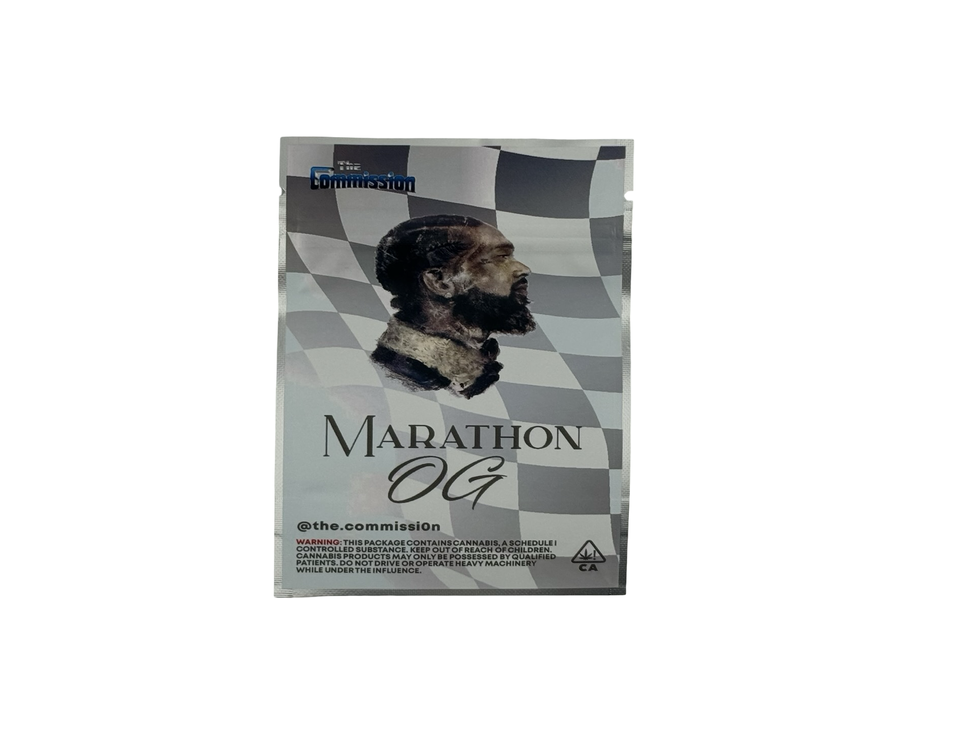 Marathon OG retro 3.5g mylar bag front design — checkered flag background with iconic profile portrait and serif-script lettering