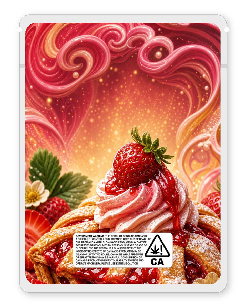 Strawberry Jubilee custom 4"x5" mylar bag design (back)