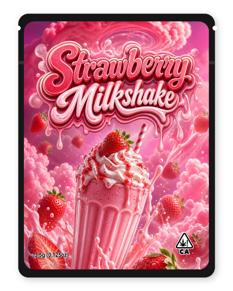 Strawberry Milkshake custom 4"x5" mylar bag design (front)