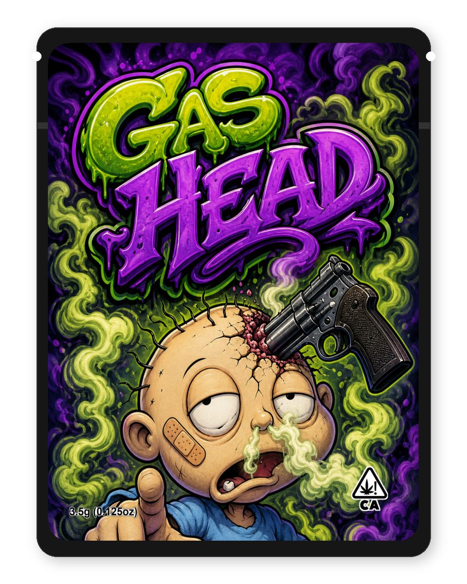 Gas Head custom 4"x5" mylar bag design (front)