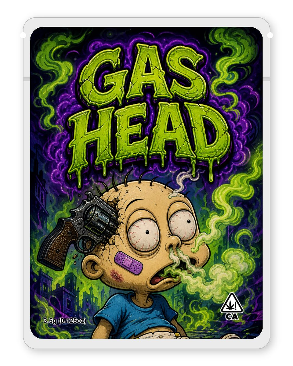 Gas Head custom 4"x5" mylar bag design (front)