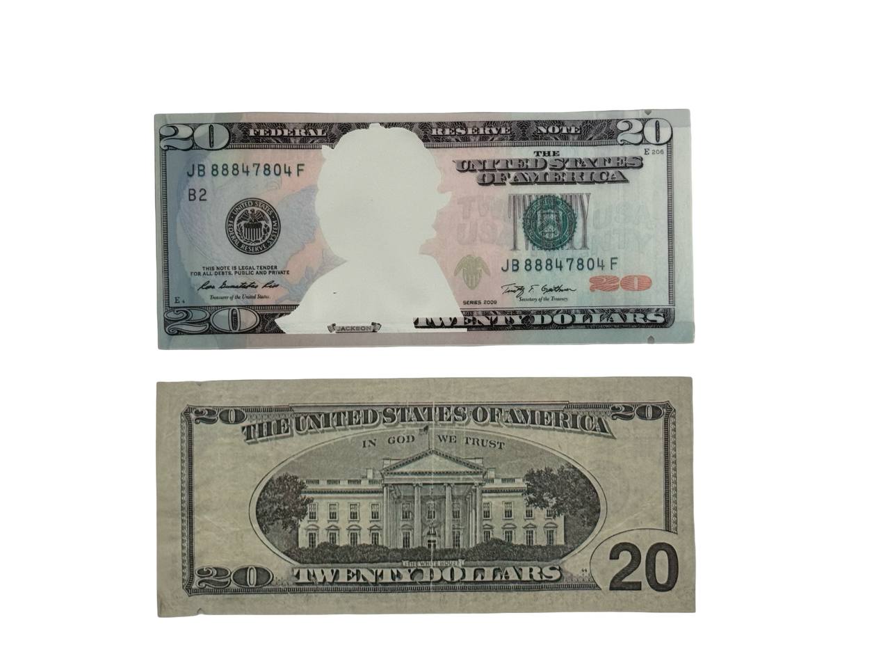 Twenty Dollar Bill 3.5g mylar bags — front and back, US $20 Federal Reserve Note-style design with die-cut Andrew Jackson portrait viewing window