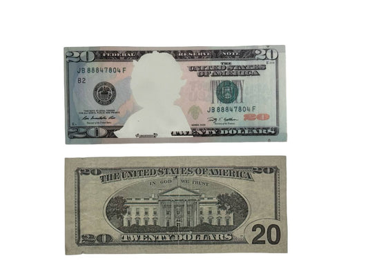 Twenty Dollar Bill 3.5g mylar bags — front and back, US $20 Federal Reserve Note-style design with die-cut Andrew Jackson portrait viewing window