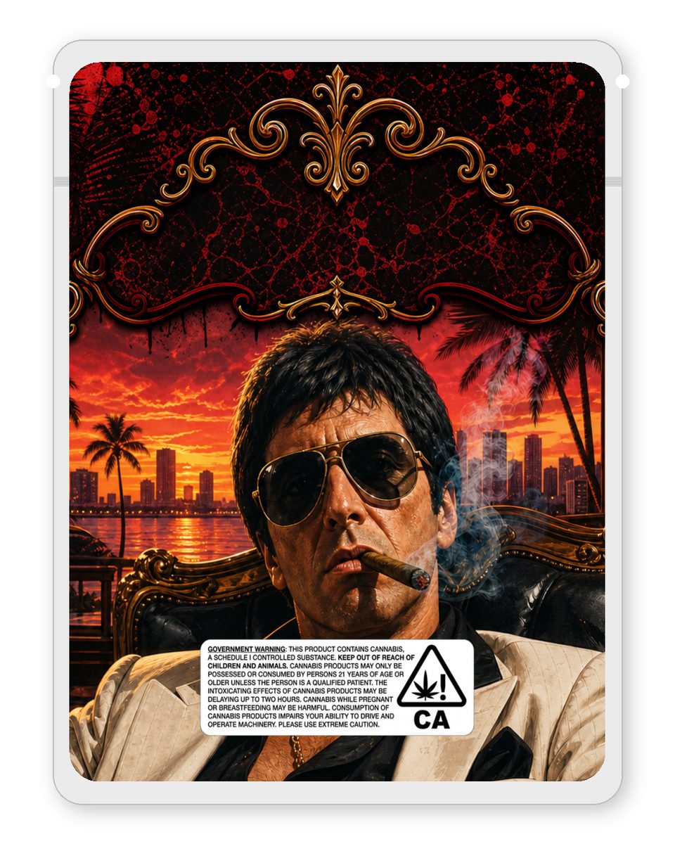 Tony Montana custom 4"x5" mylar bag design (back)