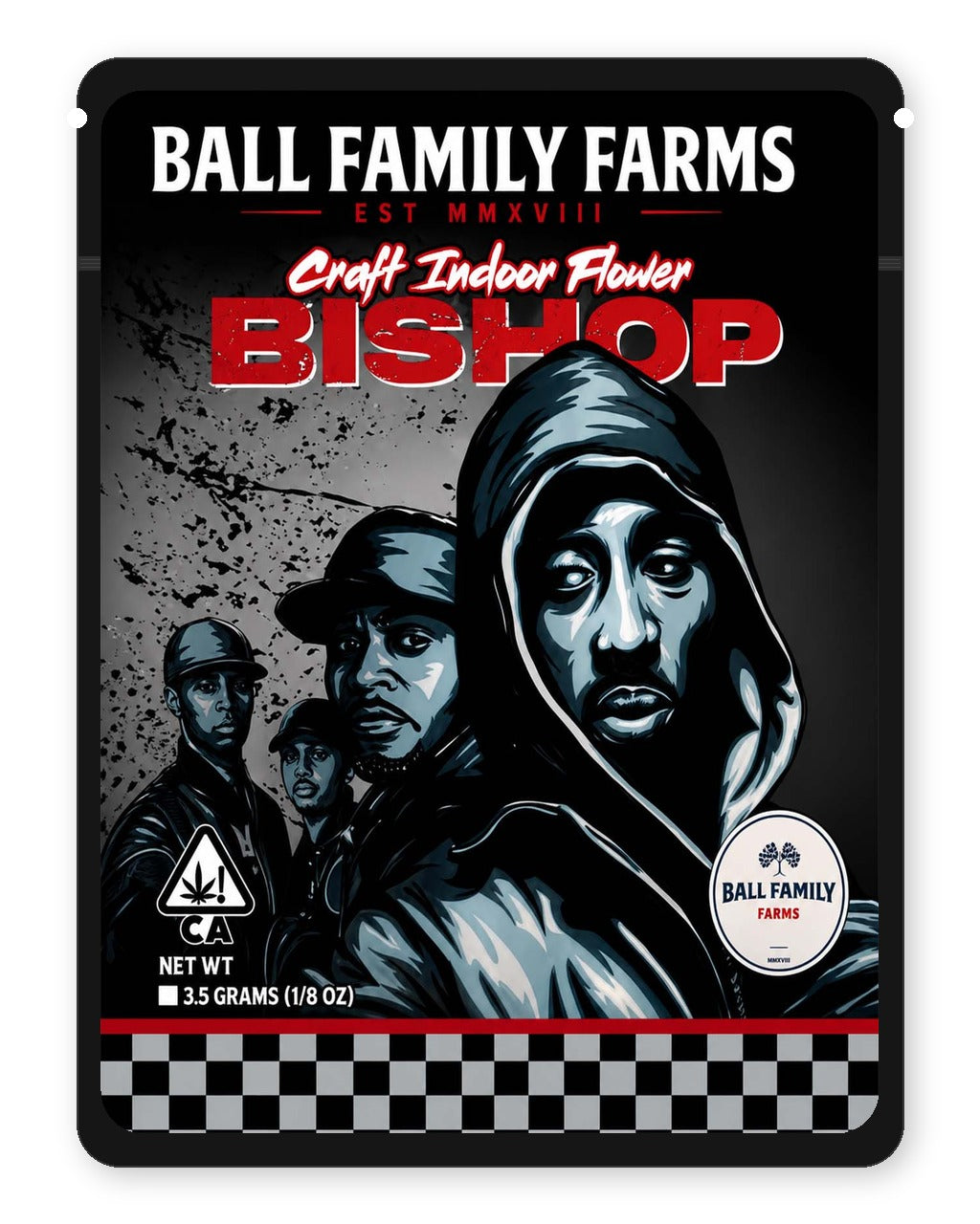 Bishop 3.5g Mylar Sticker Bags Ball Family Farms - Front Design