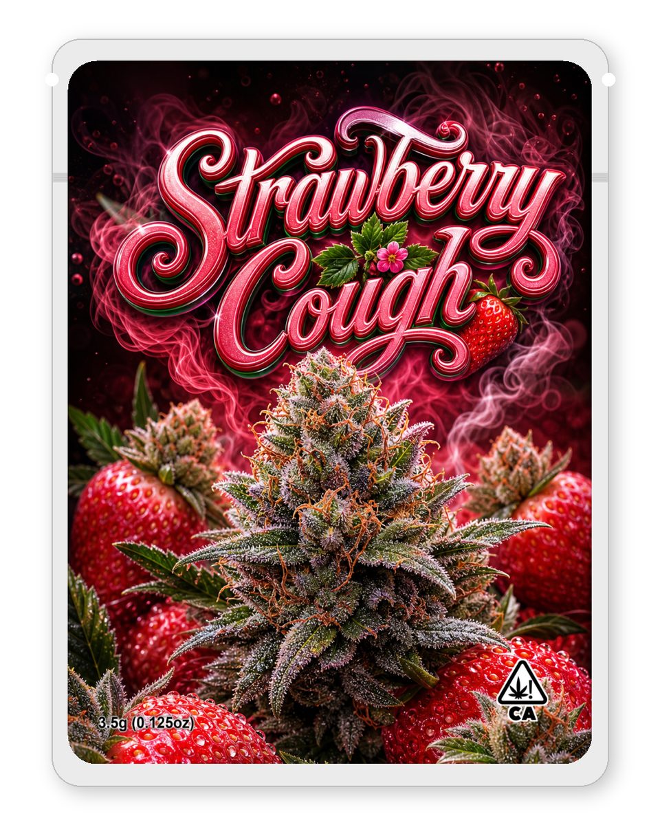 strawberry cough custom 4"x5" mylar bag design (front)