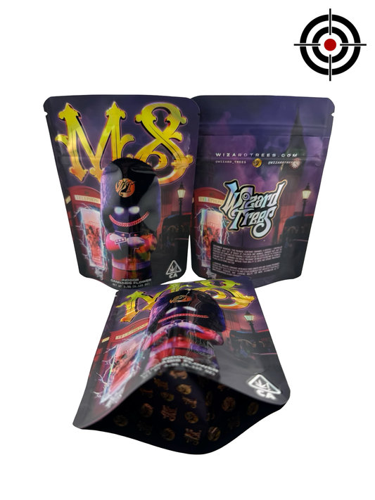 M8 Wizard Trees 3.5g mylar bags — front, back and interior print