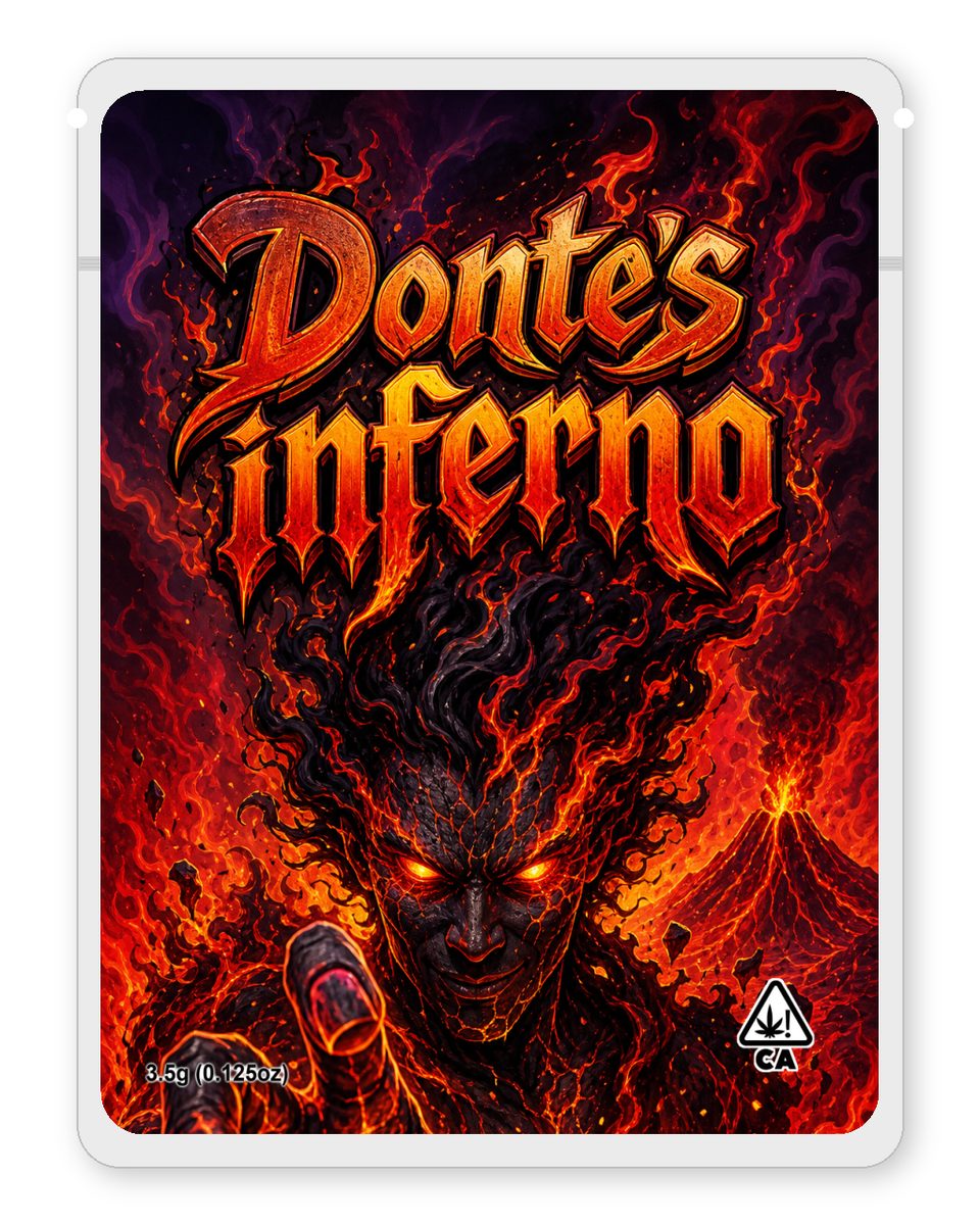 Donte’s inferno custom 4"x5" mylar bag design (front)