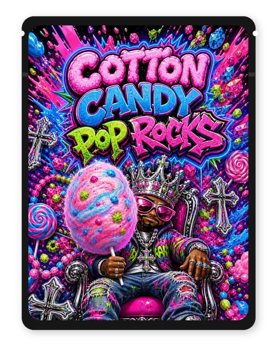 Cotton candy pop rocks custom 4"x5" mylar bag design (front)