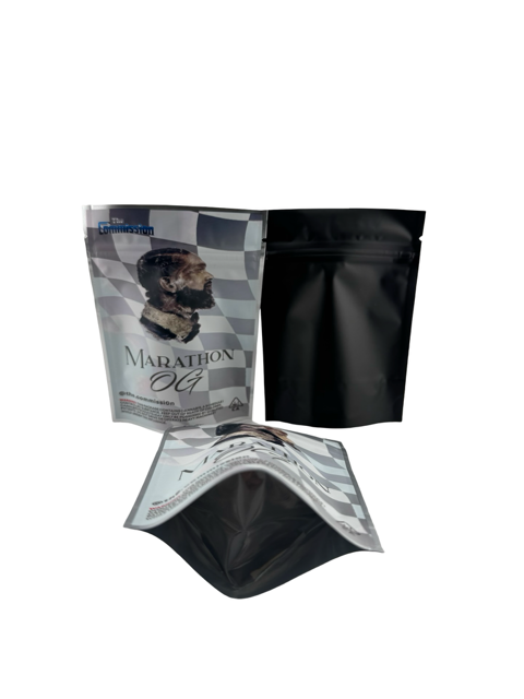 Marathon OG retro 3.5g mylar bag by The Commission — front and back lineup with checkered flag pattern and iconic portrait tribute design