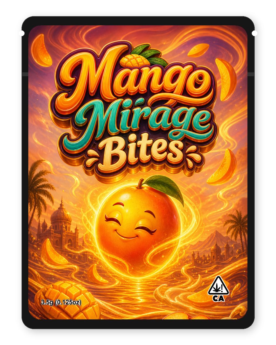 Mango Mirage Bites custom 4"x5" mylar bag design (front)
