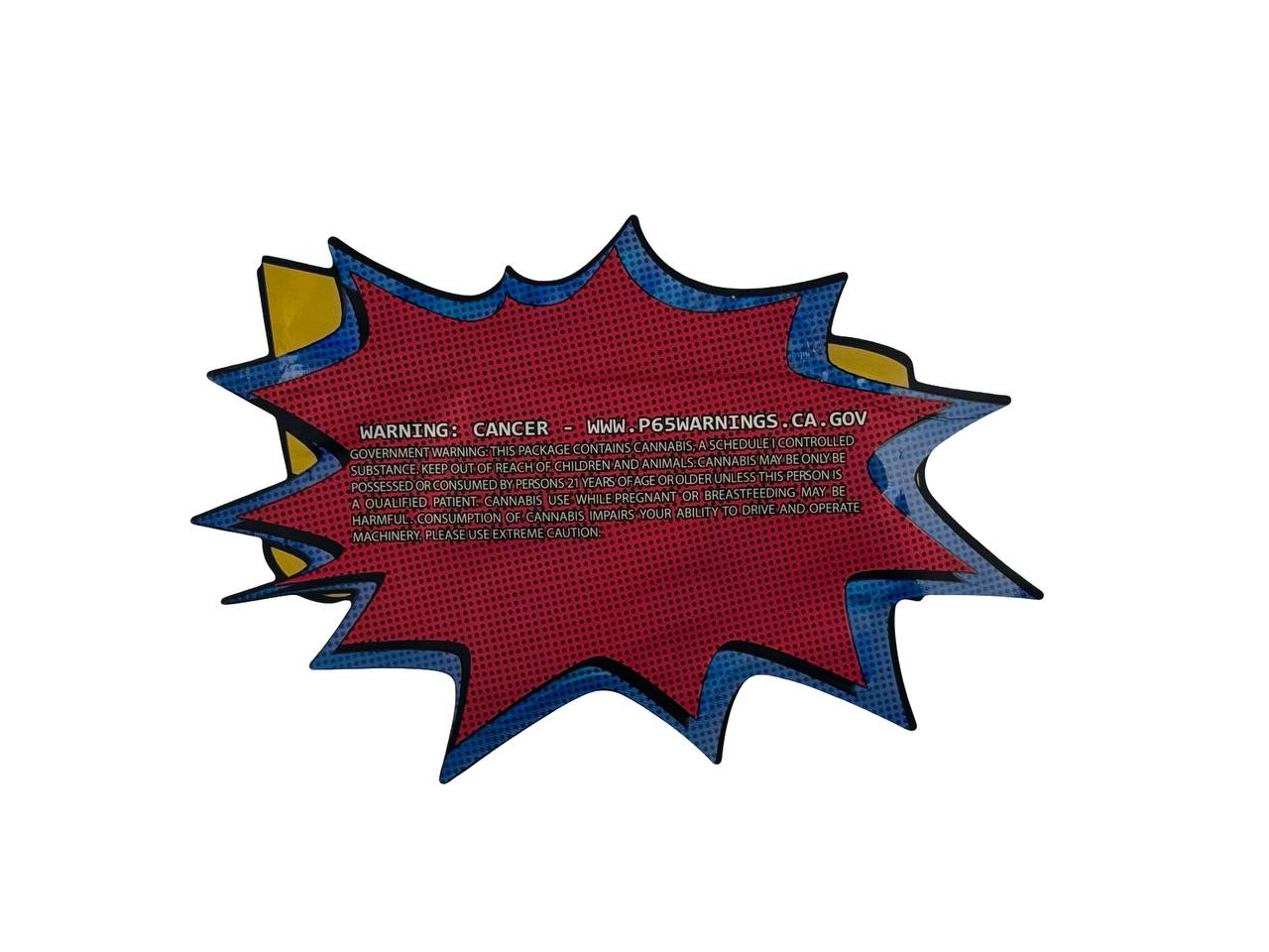POW 3.5g mylar bag back design — California government cannabis warning and Prop 65 disclosure on red starburst silhouette