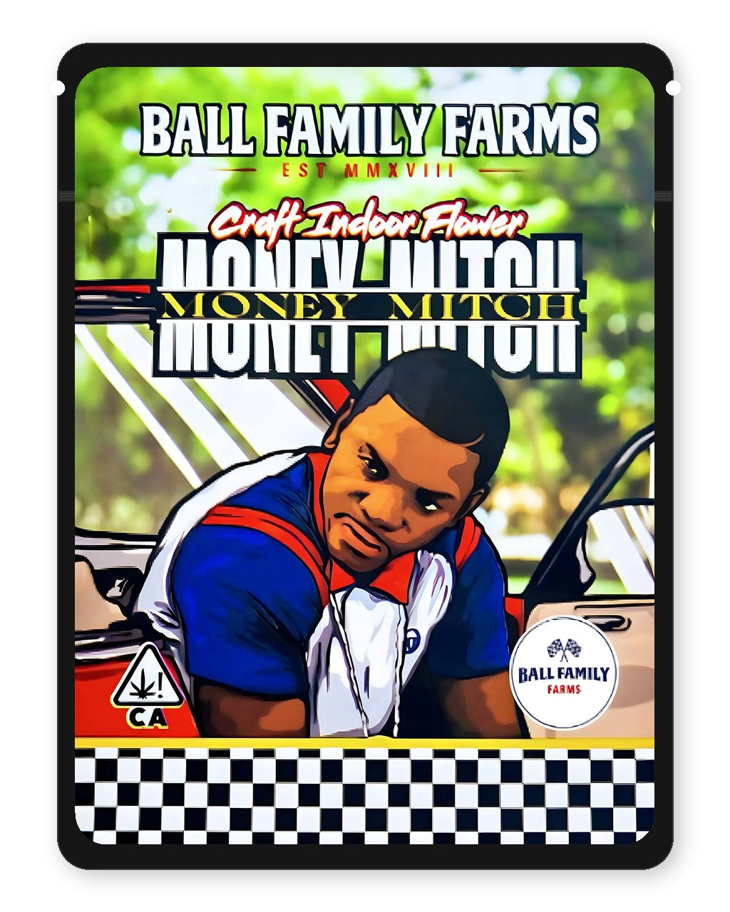 Money Mitch 3.5g Mylar Sticker Bags Ball Family Farms - Front Design