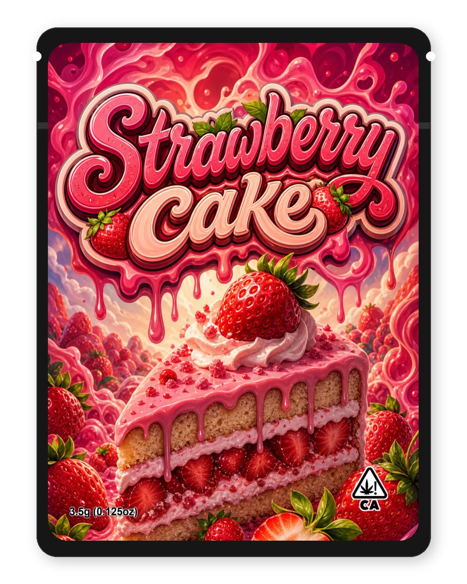 Strawberry cake custom 4"x5" mylar bag design (front)