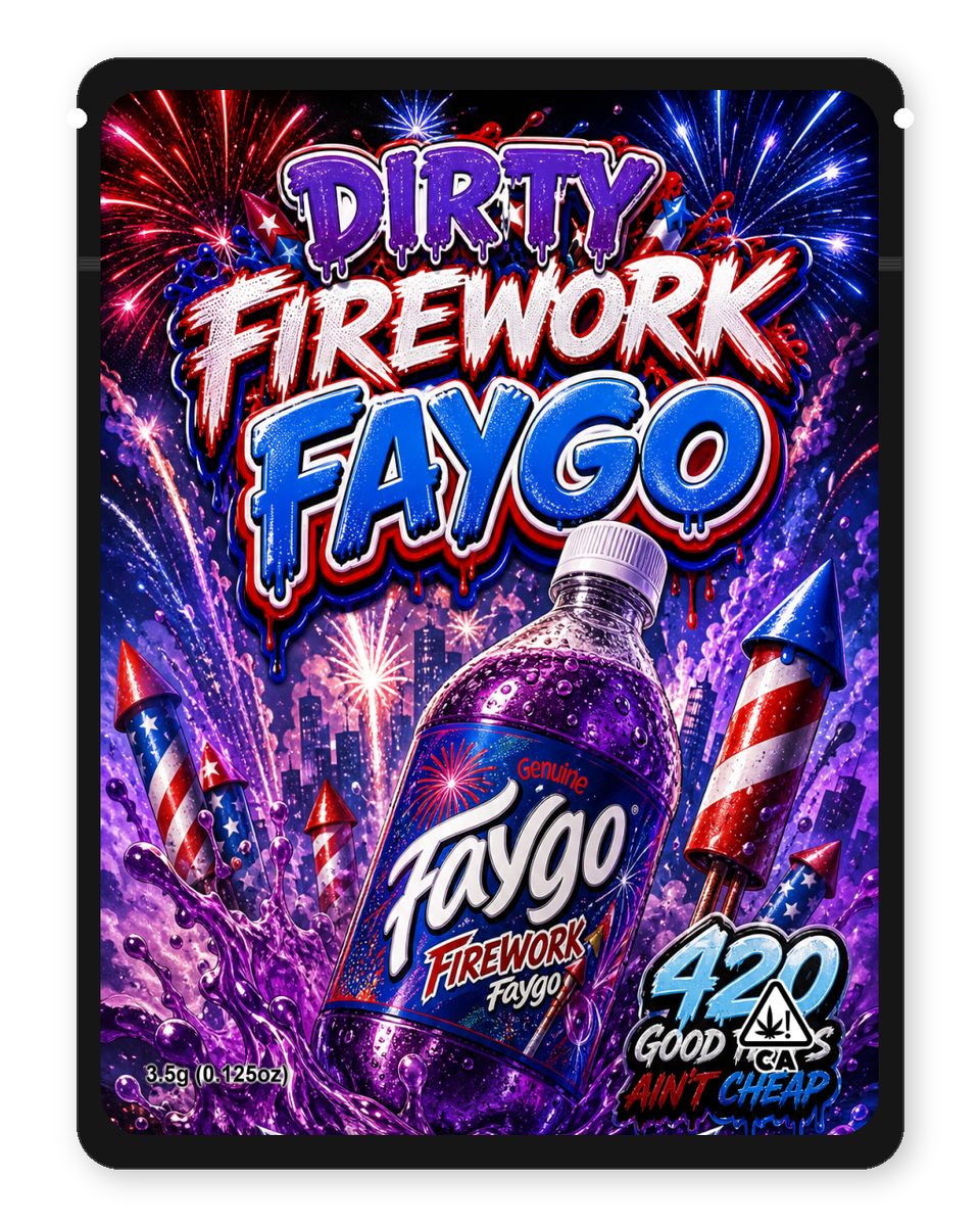 Dirty firework Faygo custom 4"x5" mylar bag design (front)