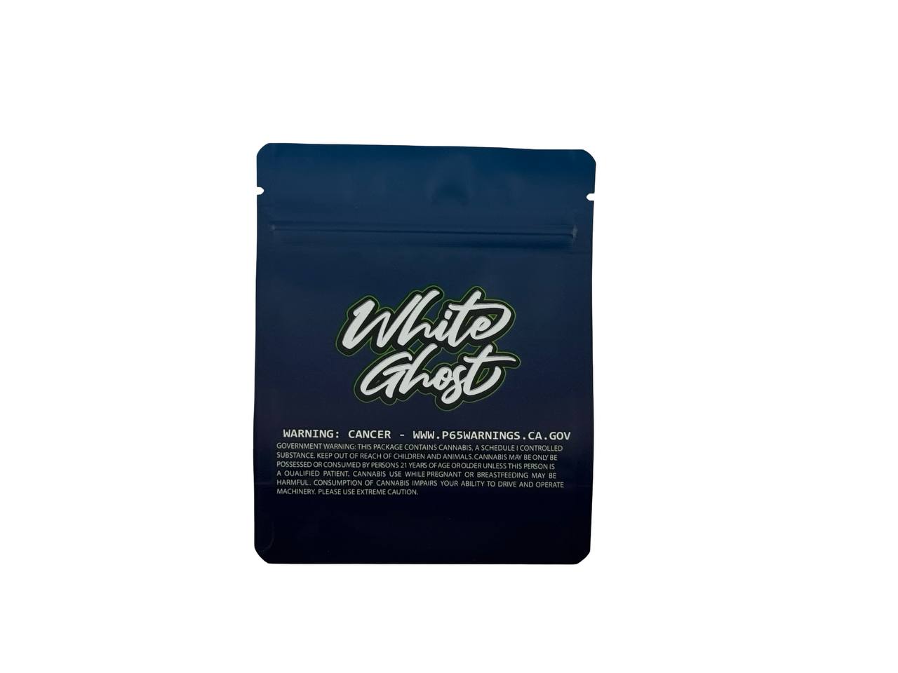 White Ghost 3.5g mylar bag back — navy gradient with centered ghost script, Prop 65 and California compliance labeling