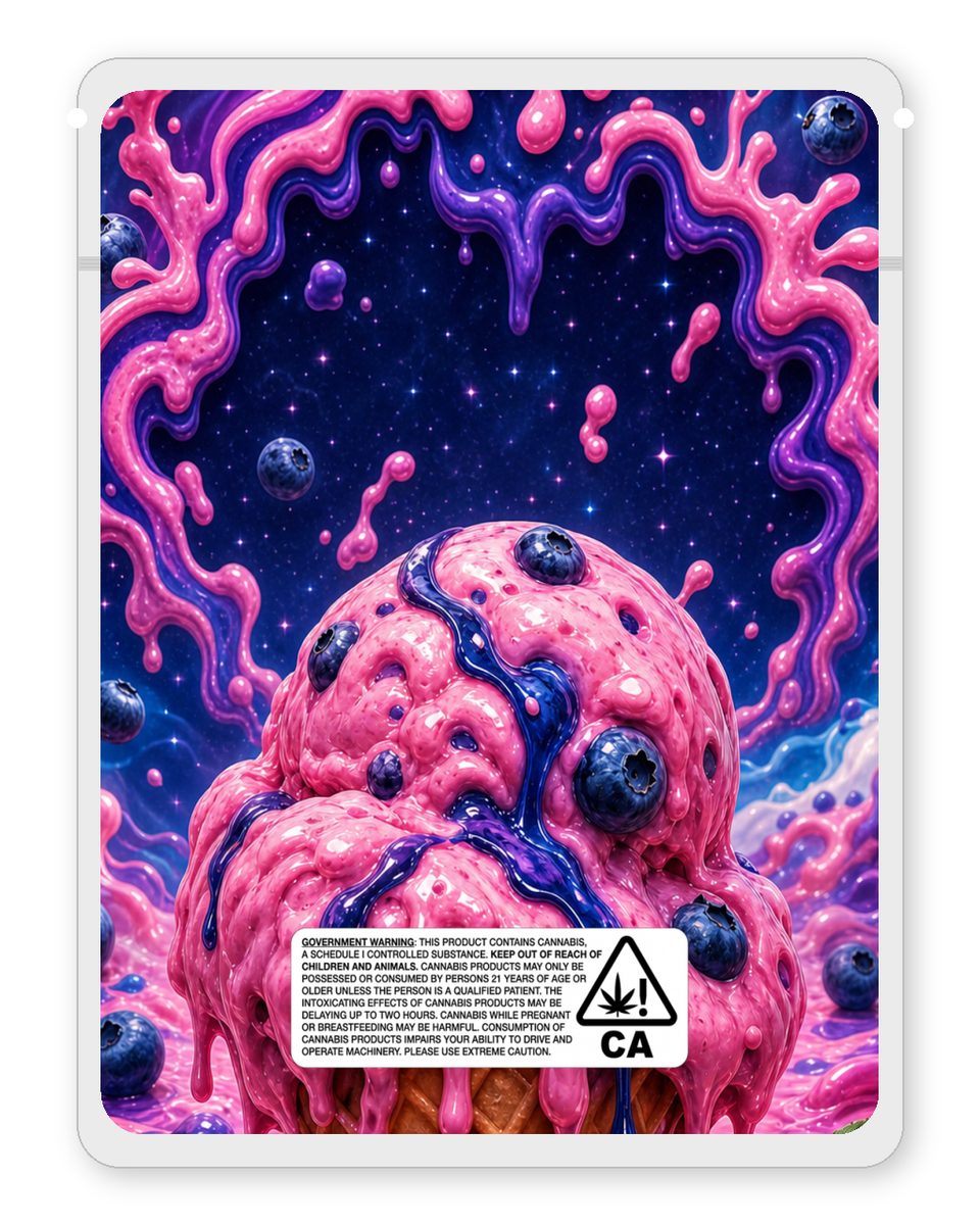 Blue gooberry custom 4"x5" mylar bag design (back)