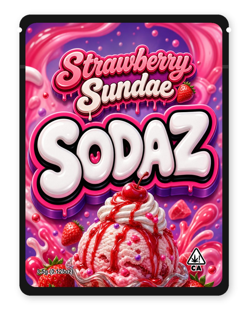 strawberry sundae custom 4"x5" mylar bag design (front)