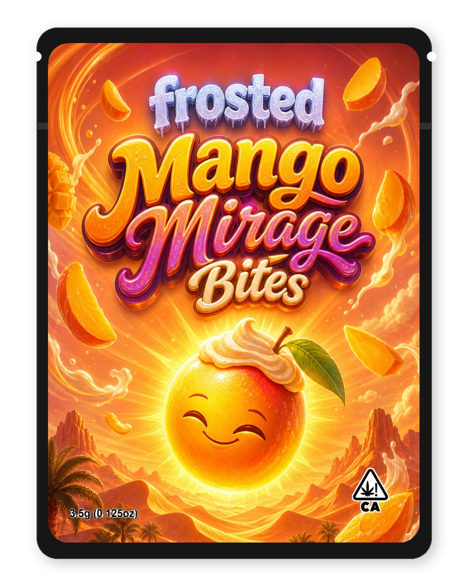Mango Mirage Bites custom 4"x5" mylar bag design (front)