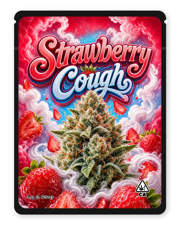 Strawberry Cough custom 4"x5" mylar bag design (front)
