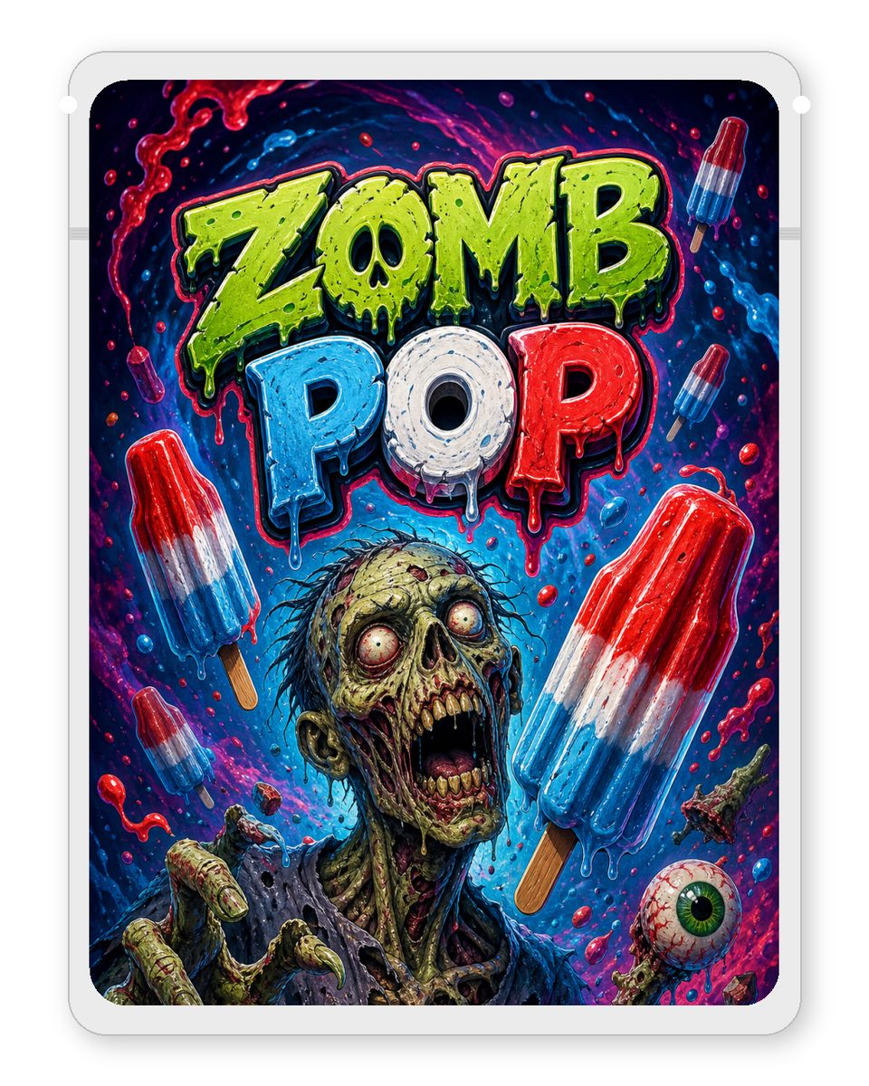 Zomb Pop custom 4"x5" mylar bag design (front)