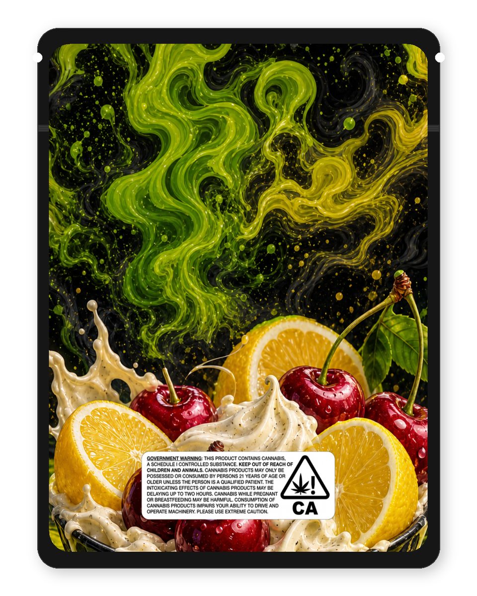 Lemon Cherry Gelato custom 4"x5" mylar bag design (back)