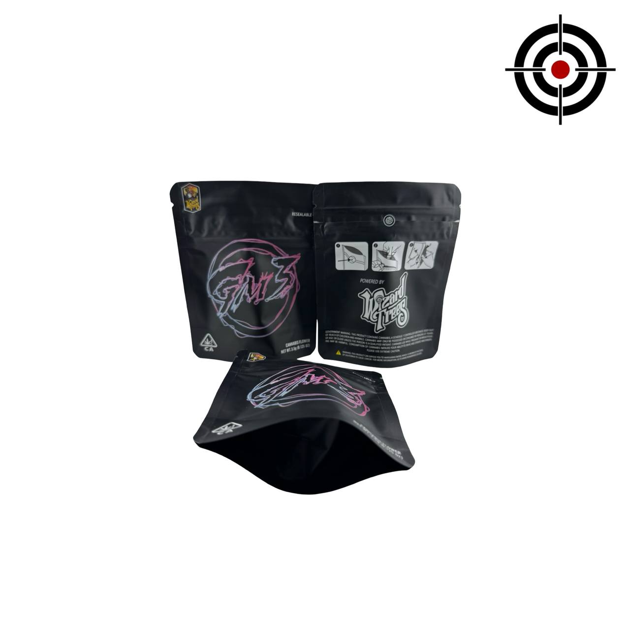 GM3 3.5g mylar bags 3-bag lineup showing front, back, and bottom gusset views — matte black Wizard Trees child-resistant resealable stand-up pouches