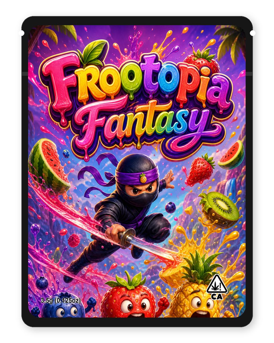 Frootopia Fantasy custom 4"x5" mylar bag design (front)