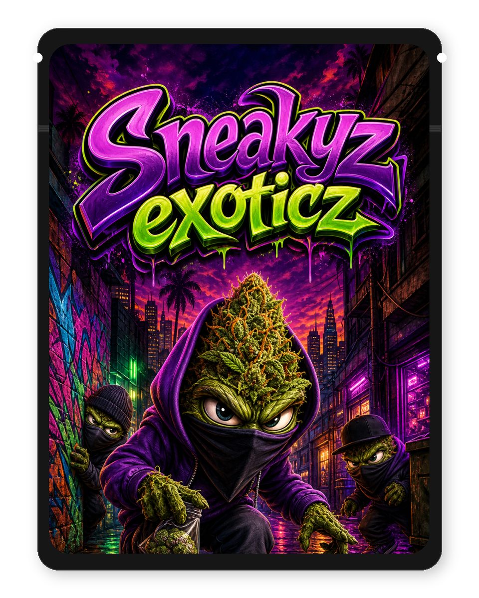 Sneakyz exoticz custom 4"x5" mylar bag design (front)