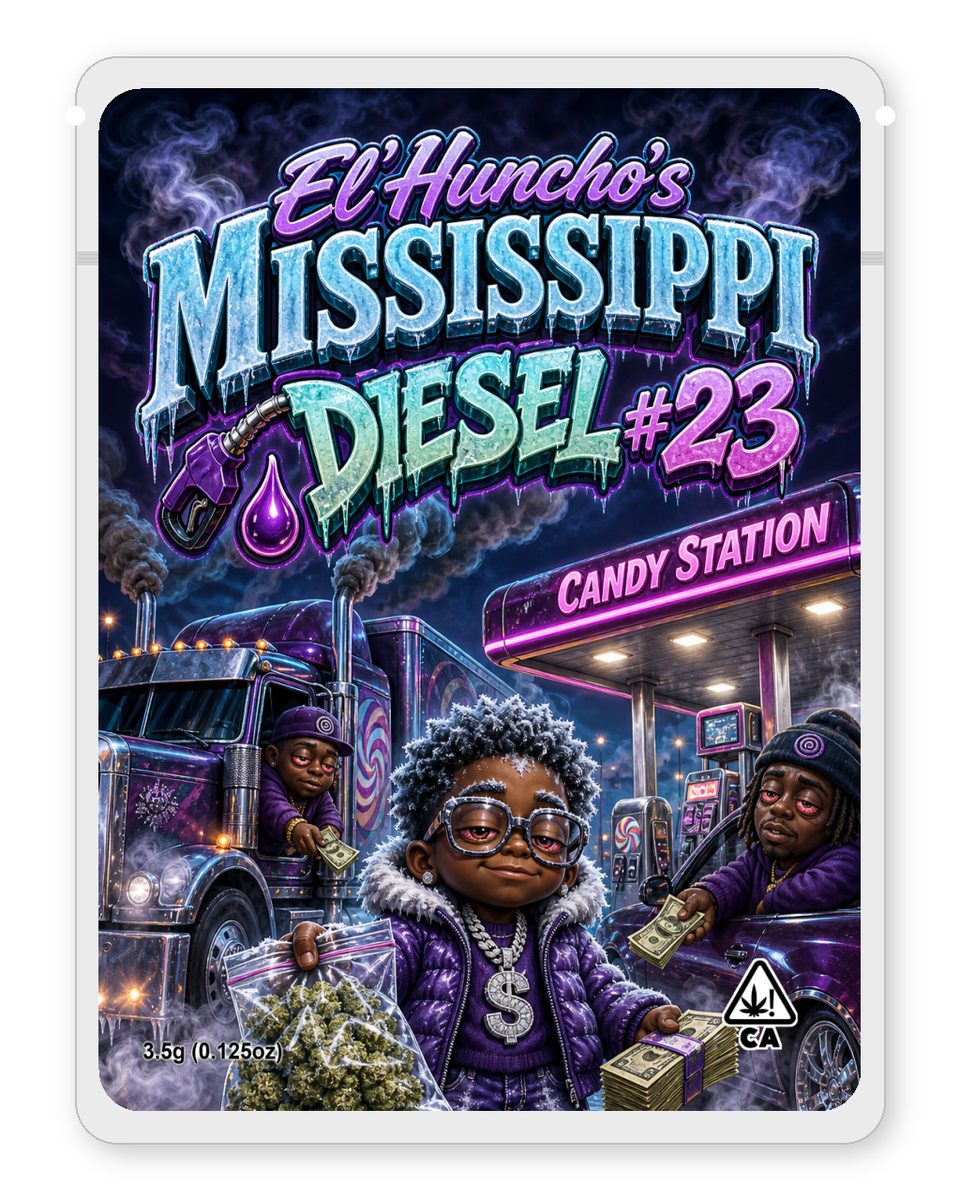 El'Huncho's Mississippi ⛽ Diesel #23 custom 4"x5" mylar bag design (front)