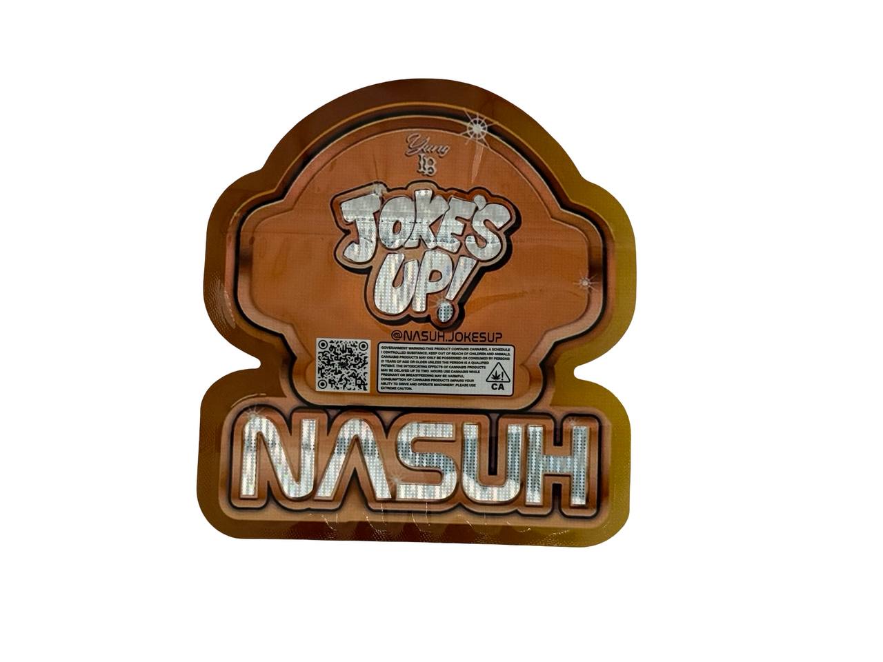 Personal Nasuh 3.5g mylar bag back — die-cut astronaut helmet shape, Joke's Up branding, holographic finish