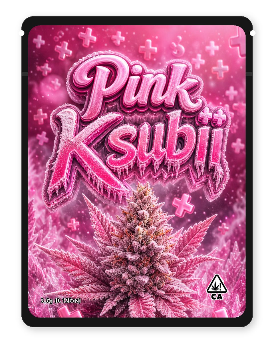 Pink Ksubii custom 4"x5" mylar bag design (front)