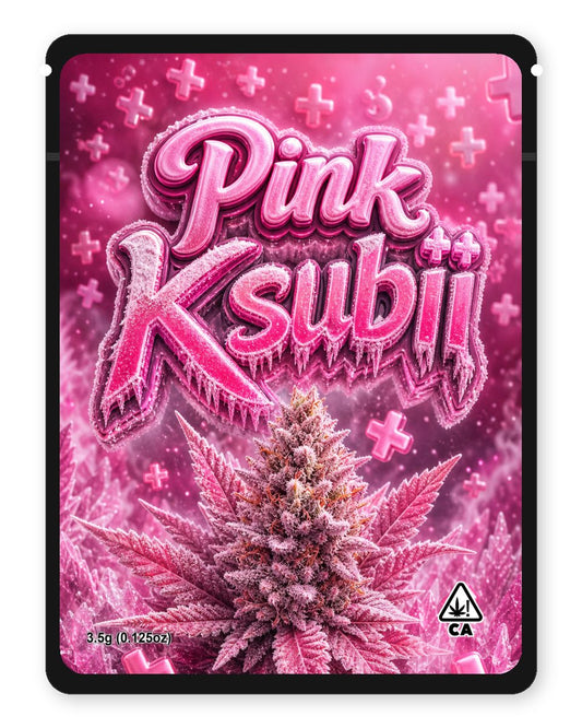 Pink Ksubii custom 4"x5" mylar bag design (front)