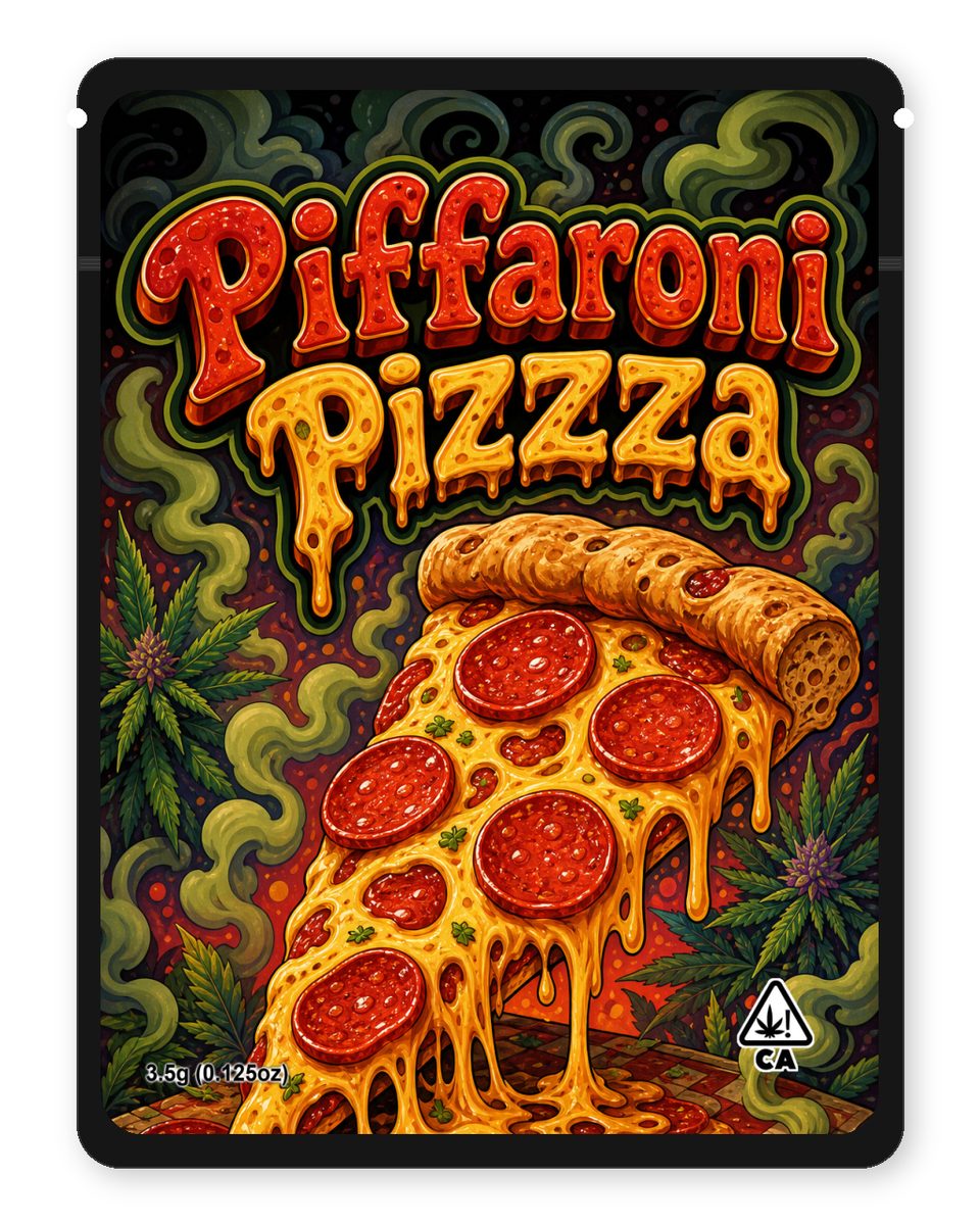 Piffaroni Pizzza custom 4"x5" mylar bag design (front)