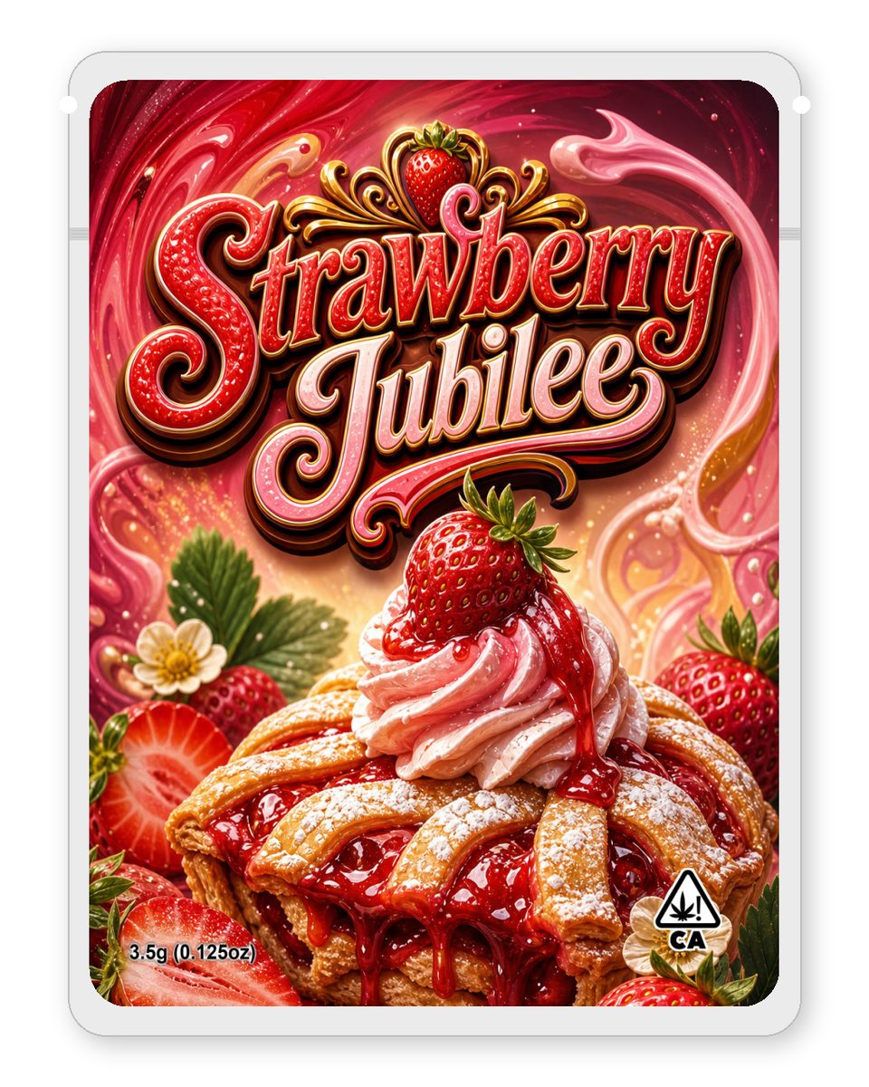 Strawberry Jubilee custom 4"x5" mylar bag design (front)