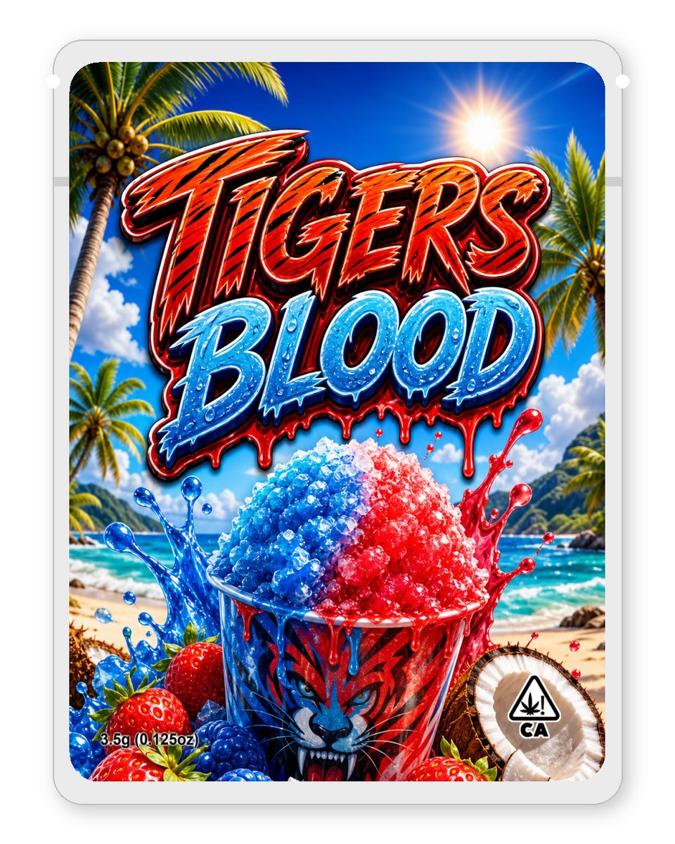 Tigers Blood custom 4"x5" mylar bag design (front)