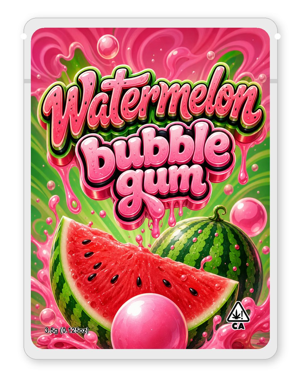 Watermelon bubble gum custom 4"x5" mylar bag design (front)