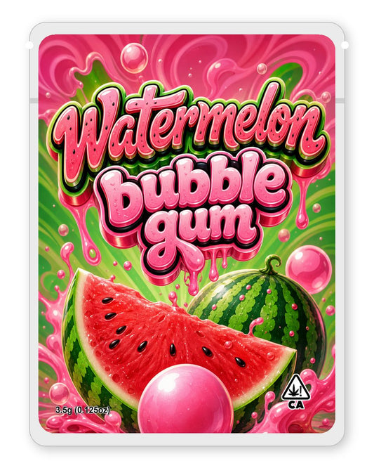 Watermelon bubble gum custom 4"x5" mylar bag design (front)