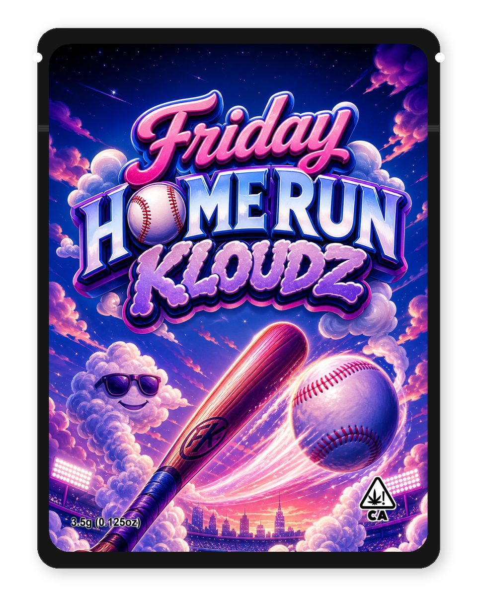 Friday HomeRun Kloudz custom 4"x5" mylar bag design (front)