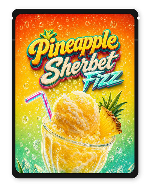 Pineapple Sherbet Fizz custom 4"x5" mylar bag design (front)