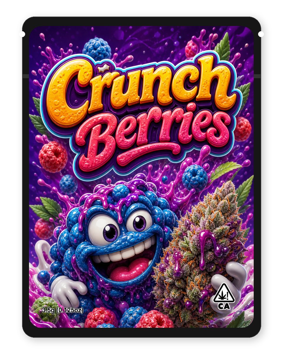 Crunch Berries custom 4"x5" mylar bag design (front)