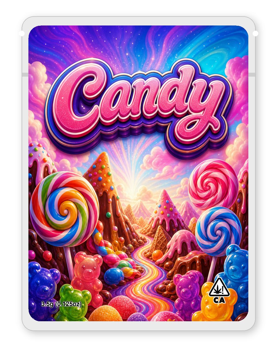 Candy custom 4"x5" mylar bag design (front)