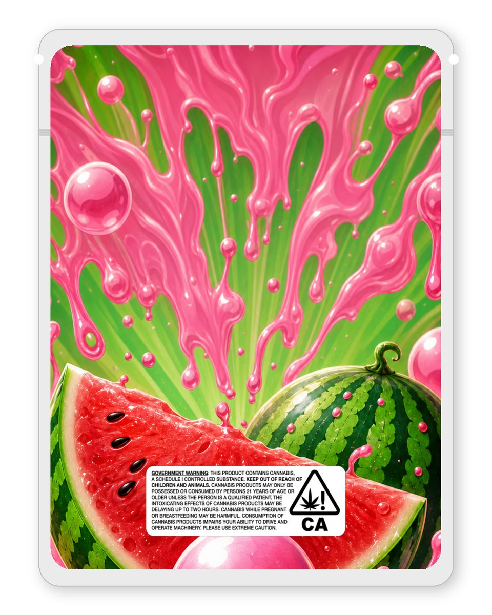 Watermelon bubble gum custom 4"x5" mylar bag design (back)